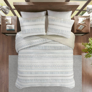 English Elm 3 Printed Microfiber Seersucker Quilt Set Reversible Diamond Channel Quilting Antimicrobial Full/Queen Taupe+Blue 17.72 L x 15.35 W x 6.69 H B03597654