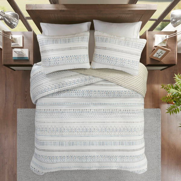 English Elm 3 Printed Microfiber Seersucker Quilt Set Reversible Diamond Channel Quilting Antimicrobial Full/Queen Taupe+Blue 17.72 L x 15.35 W x 6.69 H B03597654