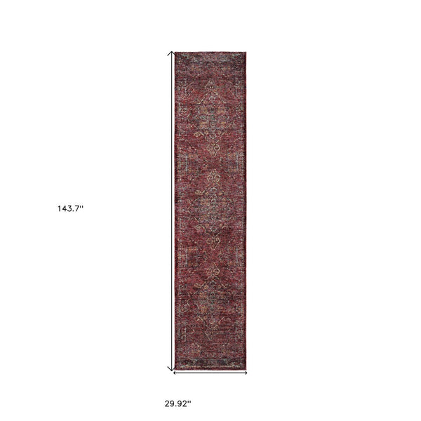 HomeRoots 10' Timeless Elegance Power Loom Oriental Area Rug for Luxurious Living Spaces and Durability Red/ Gold 2'6" x 12' 510042