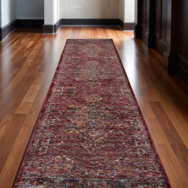 HomeRoots 10' Timeless Elegance Power Loom Oriental Area Rug for Luxurious Living Spaces and Durability Red/ Gold 2'6" x 12' 510042