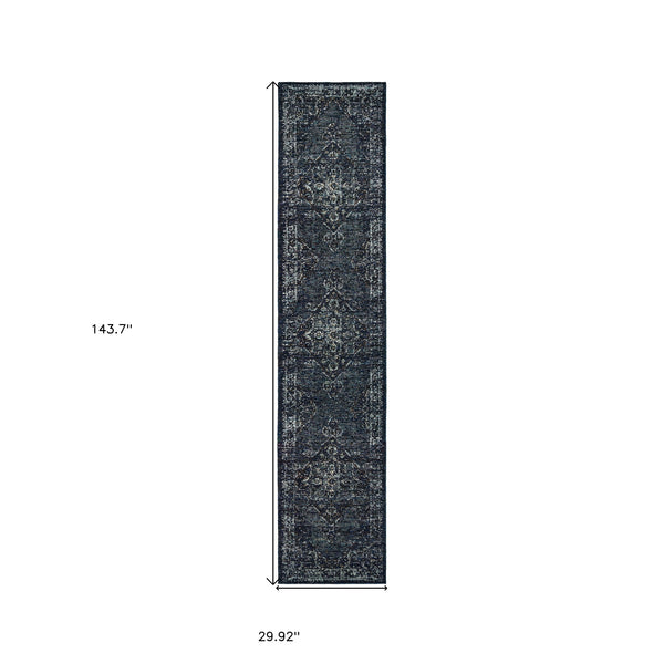 Homeroots 12' Runner Blue And Brown Oriental Power Loom Runner Rug Blue,Light Blue Other Material 510051