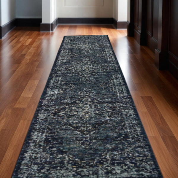 HomeRoots 10' Timeless Elegance Power Loom Oriental Area Rug for Luxurious Living Spaces and Durability Blue/ Light Blue 2'6" x 12' 510051