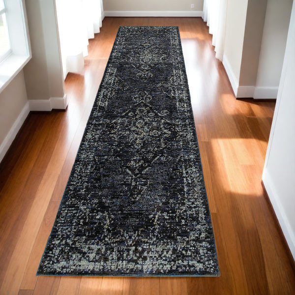 Homeroots 12' Runner Blue And Brown Oriental Power Loom Runner Rug Blue,Light Blue Other Material 510051
