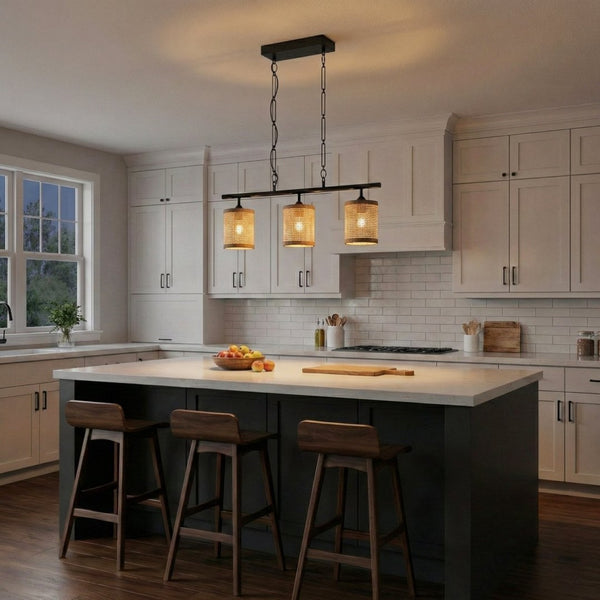 English Elm Elysian Three Light Rattan Pendant Farmhouse Kitchen Island Matte Black Chain Lamp B183P230906