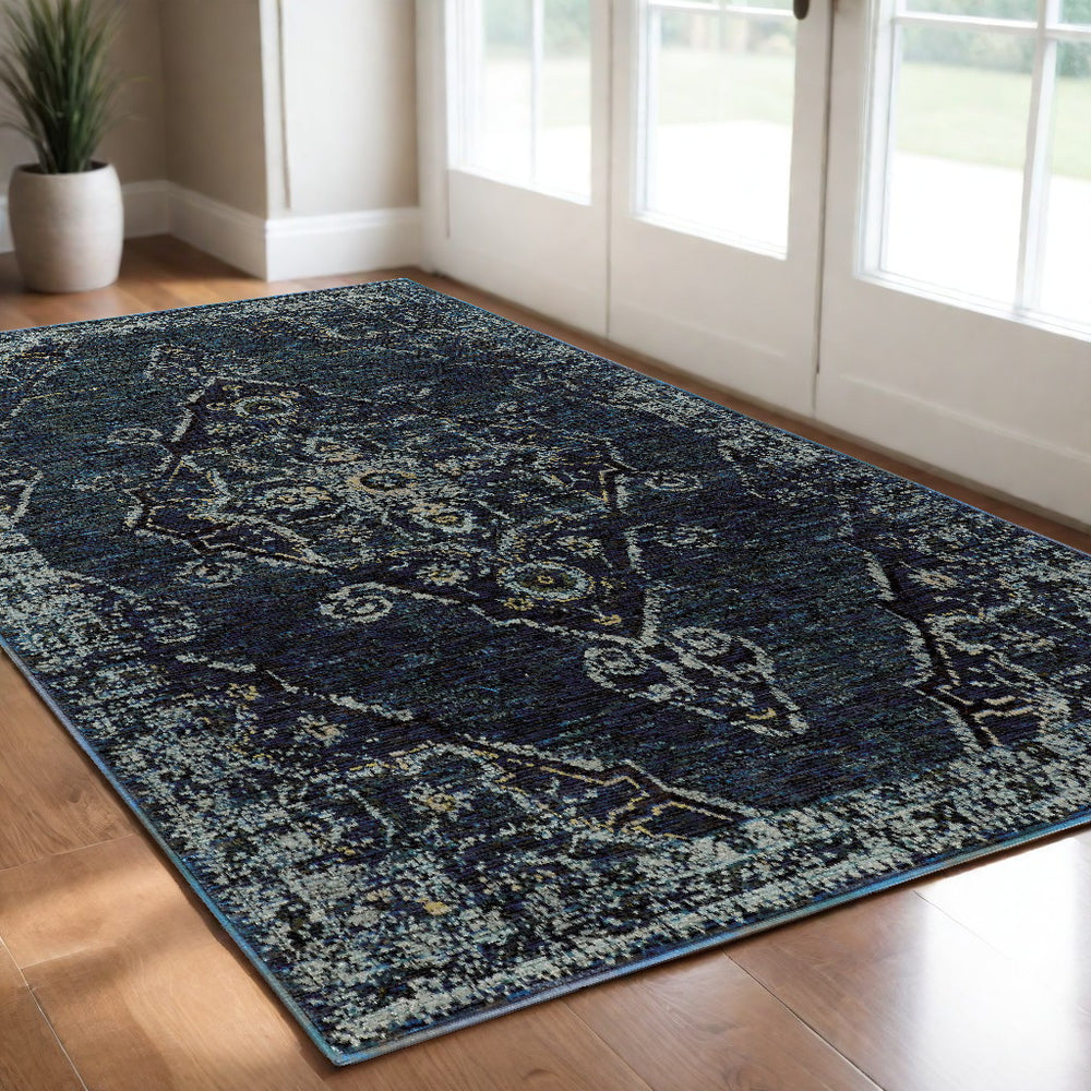 Homeroots 3' X 5' Blue And Ivory Oriental Power Loom Area Rug Blue,Light Blue Other Material 510052