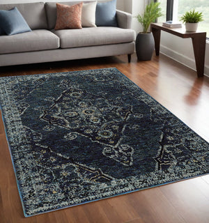 Homeroots 5' X 7' Blue And Black Oriental Power Loom Area Rug Blue,Light Blue Other Material 510053