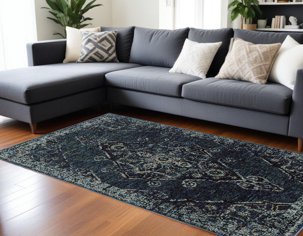 Homeroots 7' X 10' Blue And Black Oriental Power Loom Area Rug Blue,Light Blue Other Material 510054