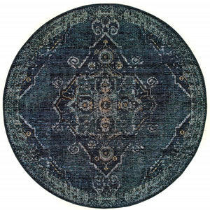 Homeroots 8' Blue And Black Round Oriental Power Loom Area Rug Blue,Light Blue Other Material 510055