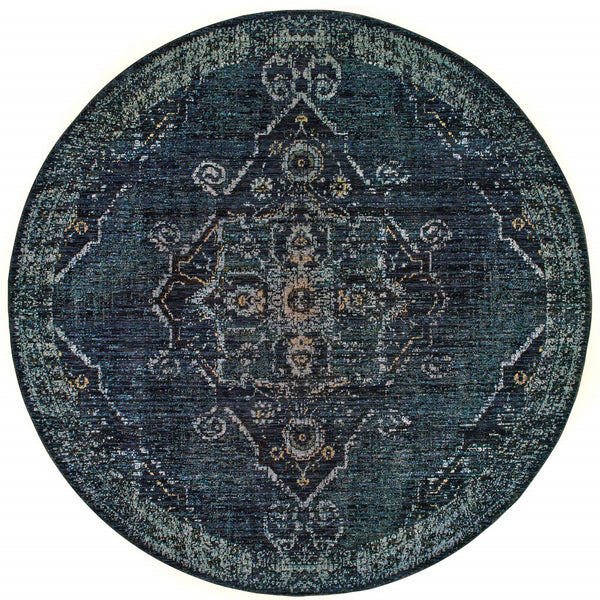 Homeroots 8' Blue And Black Round Oriental Power Loom Area Rug Blue,Light Blue Other Material 510055