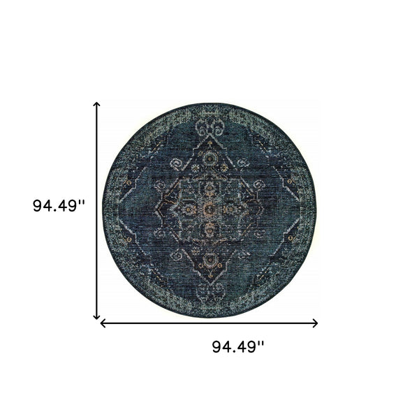 Homeroots 8' Blue And Black Round Oriental Power Loom Area Rug Blue,Light Blue Other Material 510055