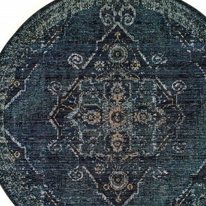 Homeroots 8' Blue And Black Round Oriental Power Loom Area Rug Blue,Light Blue Other Material 510055