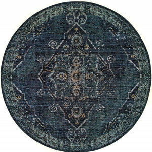 Homeroots 8' Blue And Black Round Oriental Power Loom Area Rug Blue,Light Blue Other Material 510055