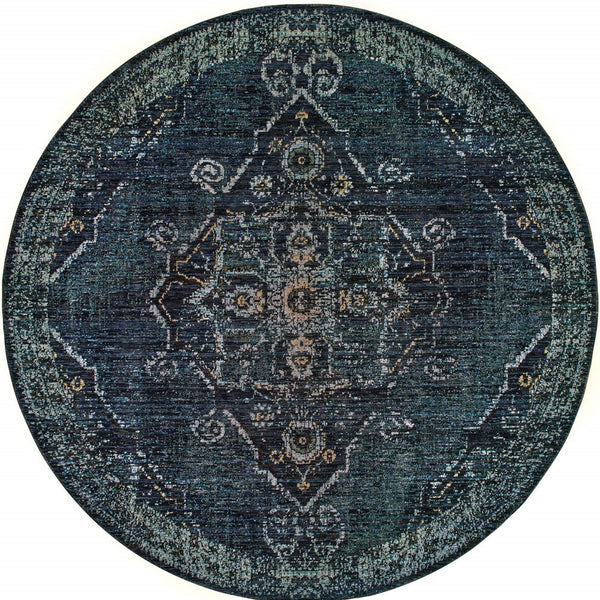 Homeroots 8' Blue And Black Round Oriental Power Loom Area Rug Blue,Light Blue Other Material 510055