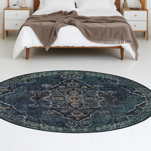 Homeroots 8' Blue And Black Round Oriental Power Loom Area Rug Blue,Light Blue Other Material 510055