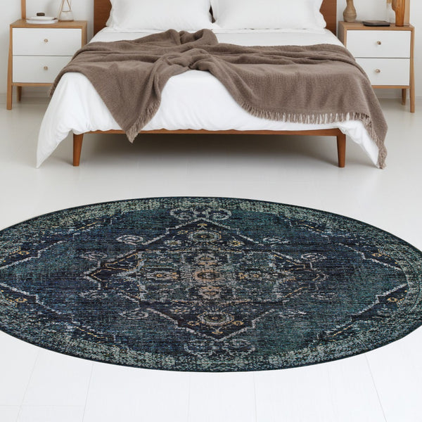 Homeroots 8' Blue And Black Round Oriental Power Loom Area Rug Blue,Light Blue Other Material 510055