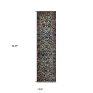 Homeroots 8' Runner Blue And Purple Oriental Power Loom Runner Rug  Other Material 510060