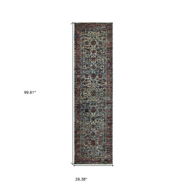 Homeroots 8' Runner Blue And Purple Oriental Power Loom Runner Rug  Other Material 510060