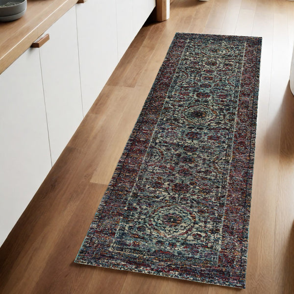 Homeroots 8' Runner Blue And Purple Oriental Power Loom Runner Rug  Other Material 510060