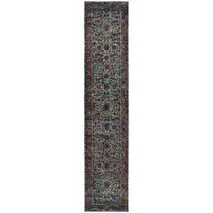 Homeroots 12' Runner Blue And Purple Oriental Power Loom Runner Rug  Other Material 510061