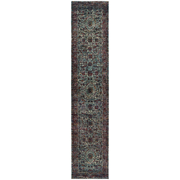 Homeroots 12' Runner Blue And Purple Oriental Power Loom Runner Rug  Other Material 510061