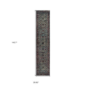 Homeroots 12' Runner Blue And Purple Oriental Power Loom Runner Rug  Other Material 510061