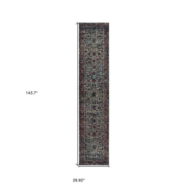 Homeroots 12' Runner Blue And Purple Oriental Power Loom Runner Rug  Other Material 510061