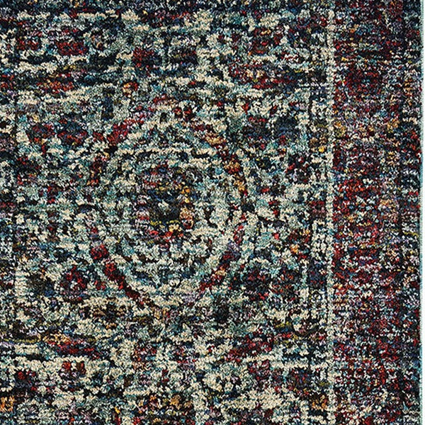 Homeroots 12' Runner Blue And Purple Oriental Power Loom Runner Rug  Other Material 510061