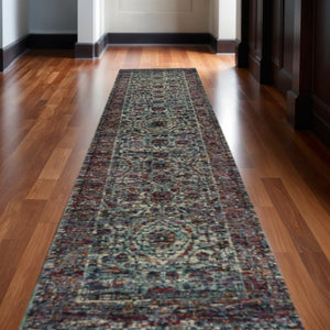 HomeRoots 10' Elegant Blue-Green Oriental Power Loom Area Rug - Durable, Stain-Resistant, Ideal for Homes 2'6" x 12' 510061