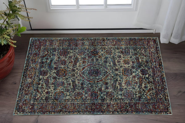 HomeRoots 10' Elegant Blue-Green Oriental Power Loom Area Rug - Durable, Stain-Resistant, Ideal for Homes 3' x 5' 510062