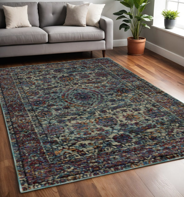 HomeRoots 10' Elegant Blue-Green Oriental Power Loom Area Rug - Durable, Stain-Resistant, Ideal for Homes 5' X 7' 510063