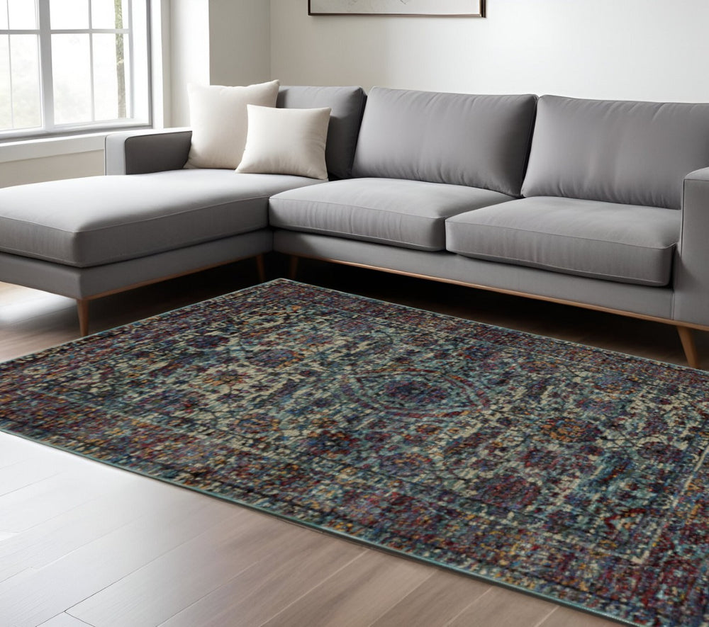 HomeRoots 10' Elegant Blue-Green Oriental Power Loom Area Rug - Durable, Stain-Resistant, Ideal for Homes 9' X 12' 510066