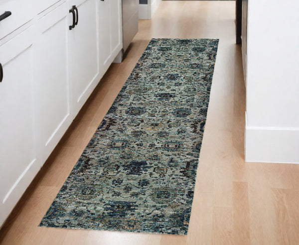 Homeroots 8' Runner Blue Green Oriental Power Loom Runner Rug  Other Material 510069