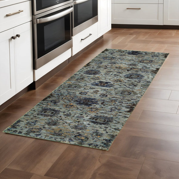 HomeRoots 10' Blue-Green Oriental Area Rug - Durable, Stain-Resistant Design for Timeless Home Elegance 2'3" x 8' 510069