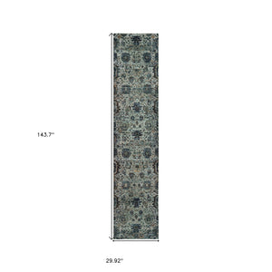 HomeRoots 10' Blue-Green Oriental Area Rug - Durable, Stain-Resistant Design for Timeless Home Elegance 2'6" x 12' 510070