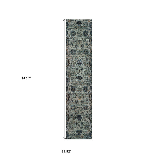 HomeRoots 10' Blue-Green Oriental Area Rug - Durable, Stain-Resistant Design for Timeless Home Elegance 2'6" x 12' 510070