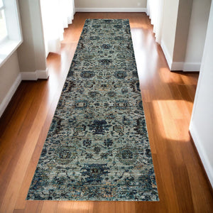Homeroots 12' Runner Blue And Navy Oriental Power Loom Runner Rug  Other Material 510070