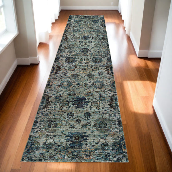 Homeroots 12' Runner Blue And Navy Oriental Power Loom Runner Rug  Other Material 510070