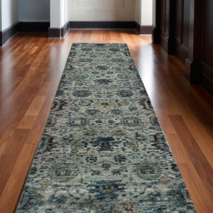 HomeRoots 10' Blue-Green Oriental Area Rug - Durable, Stain-Resistant Design for Timeless Home Elegance 2'6" x 12' 510070