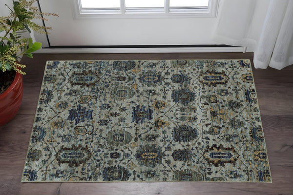 HomeRoots 10' Blue-Green Oriental Area Rug - Durable, Stain-Resistant Design for Timeless Home Elegance 3' x 5' Rectangle 510071