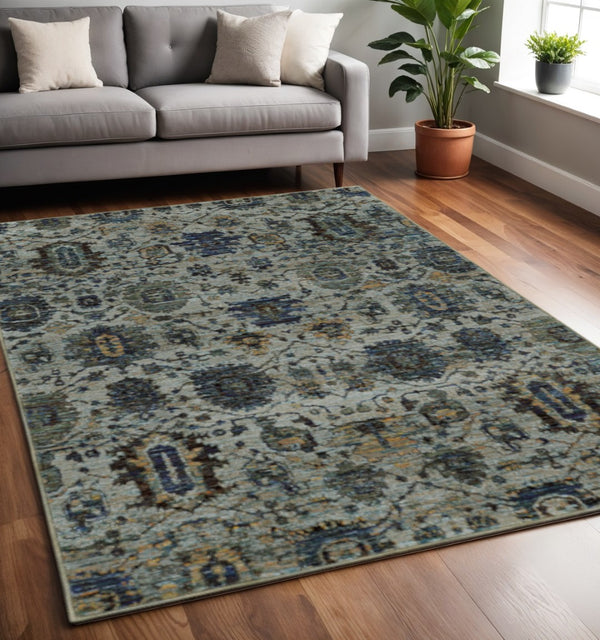 HomeRoots 10' Blue-Green Oriental Area Rug - Durable, Stain-Resistant Design for Timeless Home Elegance 5' X 7' Rectangle 510072