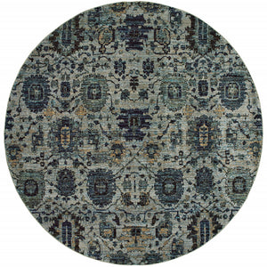 Homeroots 8' Blue Green Round Oriental Power Loom Area Rug  Other Material 510074