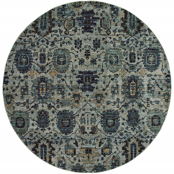 Homeroots 8' Blue Green Round Oriental Power Loom Area Rug  Other Material 510074