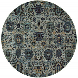 Homeroots 8' Blue Green Round Oriental Power Loom Area Rug  Other Material 510074