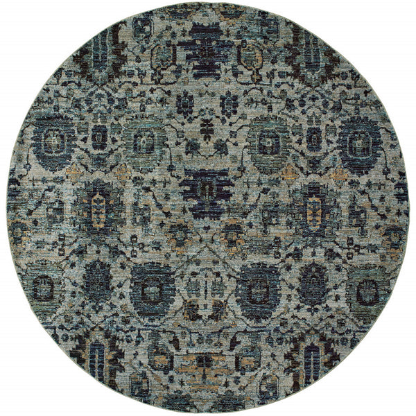 Homeroots 8' Blue Green Round Oriental Power Loom Area Rug  Other Material 510074