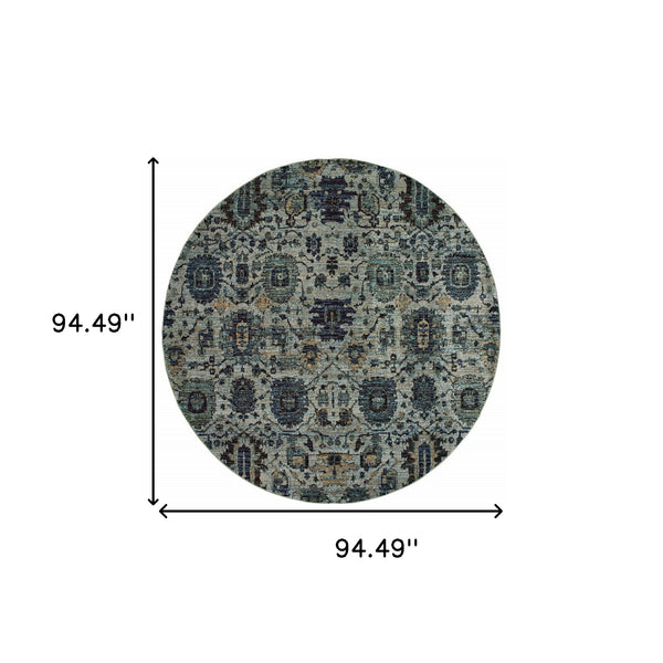 Homeroots 8' Blue Green Round Oriental Power Loom Area Rug  Other Material 510074