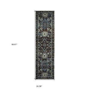 Homeroots 8' Runner Navy Blue Oriental Power Loom Runner Rug  Other Material 510078