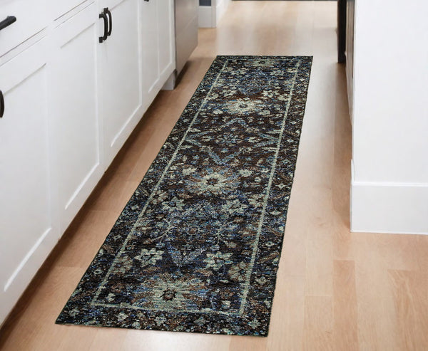 Homeroots 8' Runner Navy Blue Oriental Power Loom Runner Rug  Other Material 510078