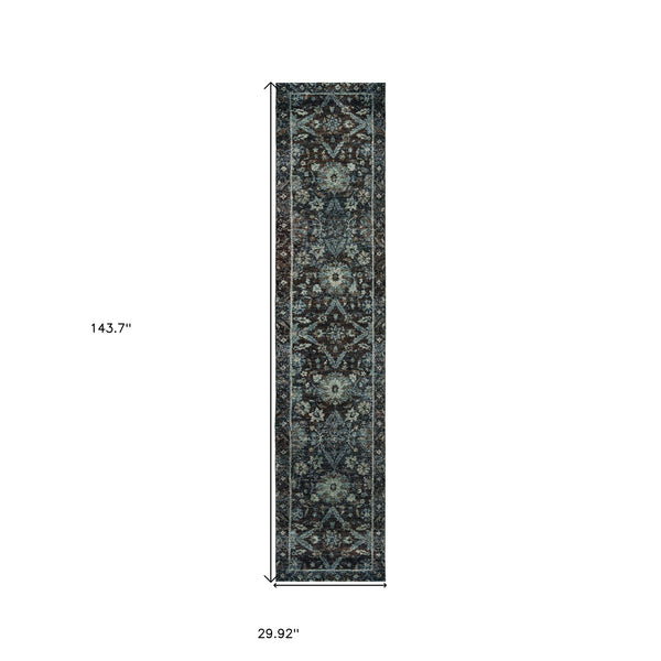 Homeroots 12' Runner Navy And Blue Oriental Power Loom Runner Rug  Other Material 510079