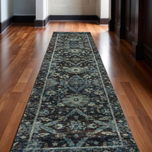 HomeRoots 8' Navy Blue Oriental Runner Rug – Elegant Design, Stain-Resistant Durability for High-Traffic Areas 2'6" x 12' 510079