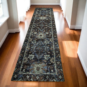 Homeroots 12' Runner Navy And Blue Oriental Power Loom Runner Rug  Other Material 510079